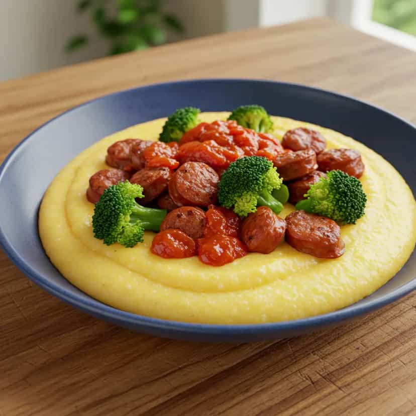Foto deliciosa de Polenta cremosa com linguiça, brócolis e molho de tomate pronta para servir - Almoço & Jantar