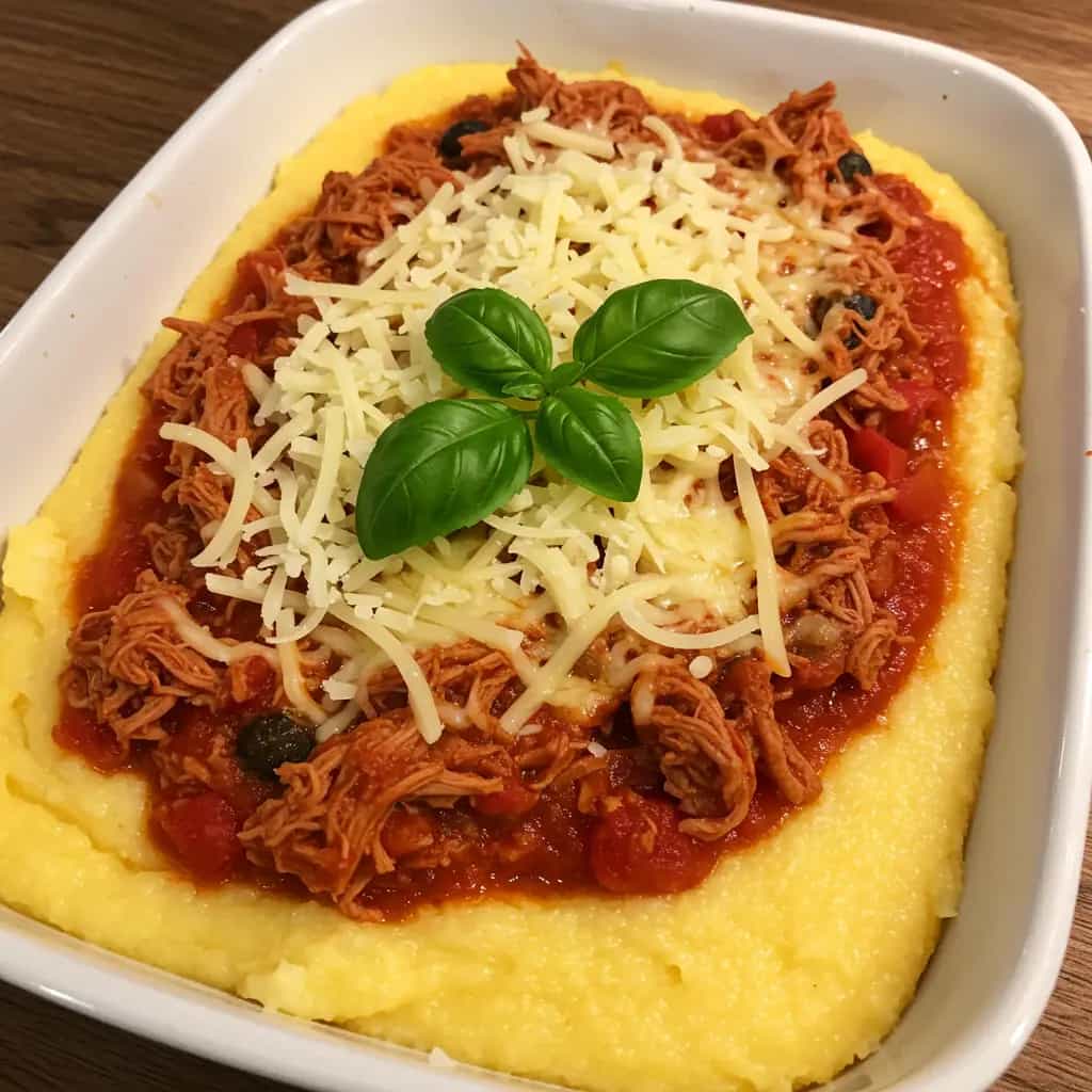 Polenta cremosa com molho de fraldinha desfiada