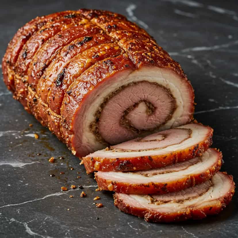 Foto deliciosa de Porchetta com Ervas Aromáticas pronta para servir - Carnes & Frango