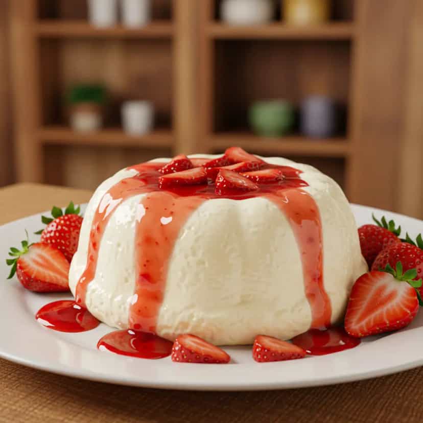 Foto deliciosa de Pudim de Iogurte com Calda de Morango pronta para servir - Pudins & Cremes