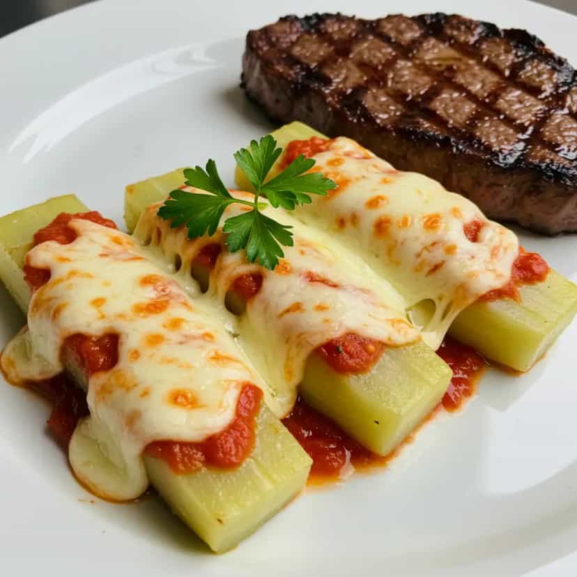 Foto deliciosa de Pupunha à Parmegiana com Bife de Chorizo pronta para servir - Carnes & Frango