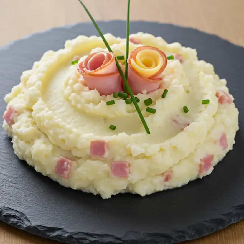 Foto deliciosa de Purê de Batata Cremoso com Presunto e Mussarela pronta para servir - Almoço & Jantar