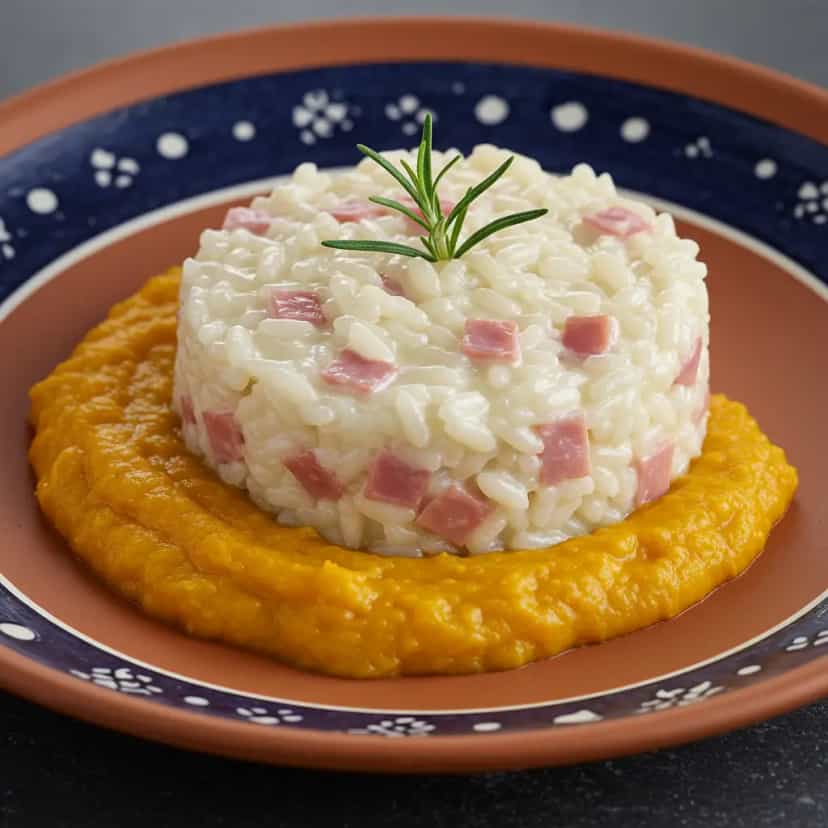 Foto deliciosa de Risoto Cremoso de Parma, Brie e Geleia de Damasco pronta para servir - Massas & Macarrão