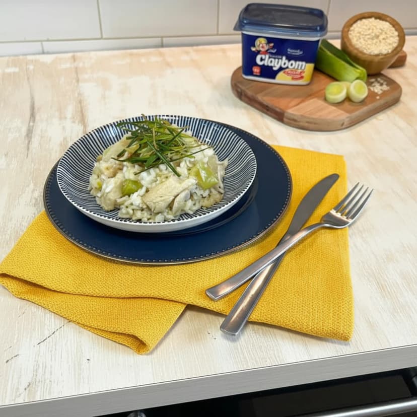 Risoto de Alho-Poró com Bacalhau Crocante