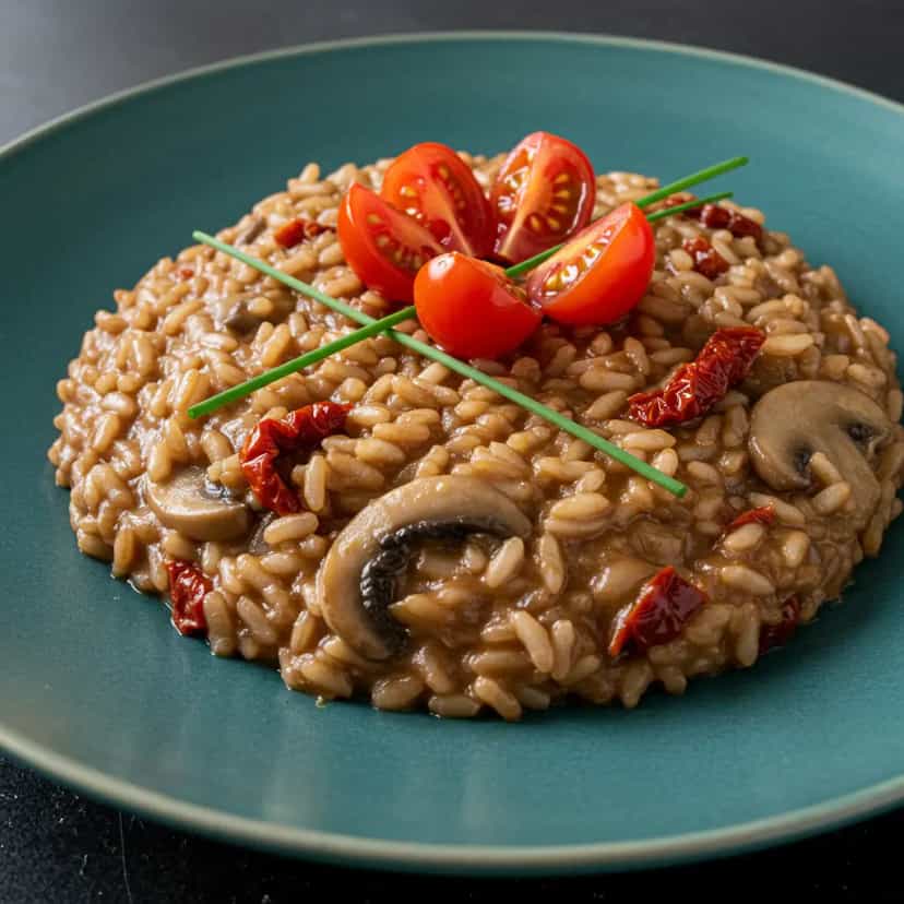 Foto deliciosa de Risoto de Filé Mignon ao Vinho Tinto com Shitake pronta para servir - Carnes & Frango