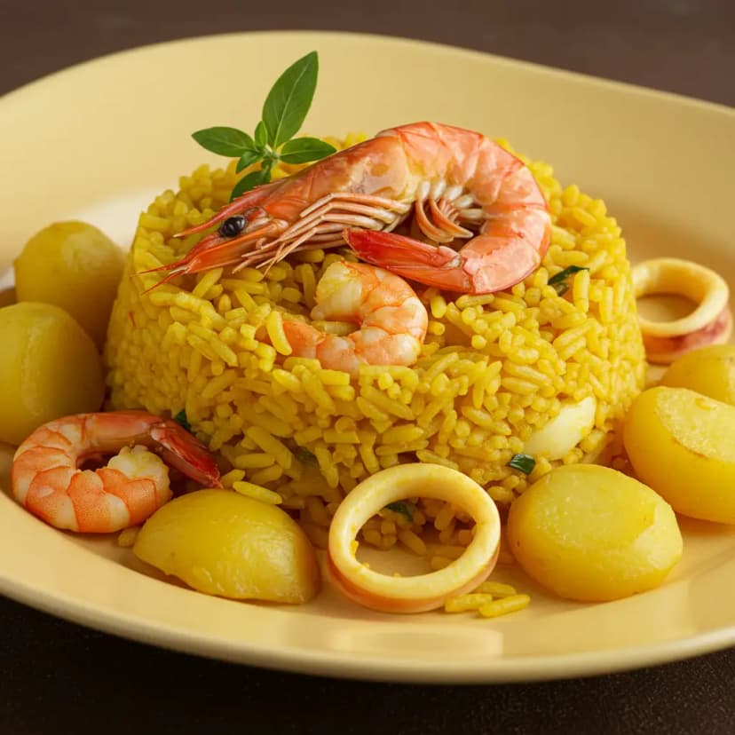 Risoto de frutos do mar com batatas assadas ao alecrim