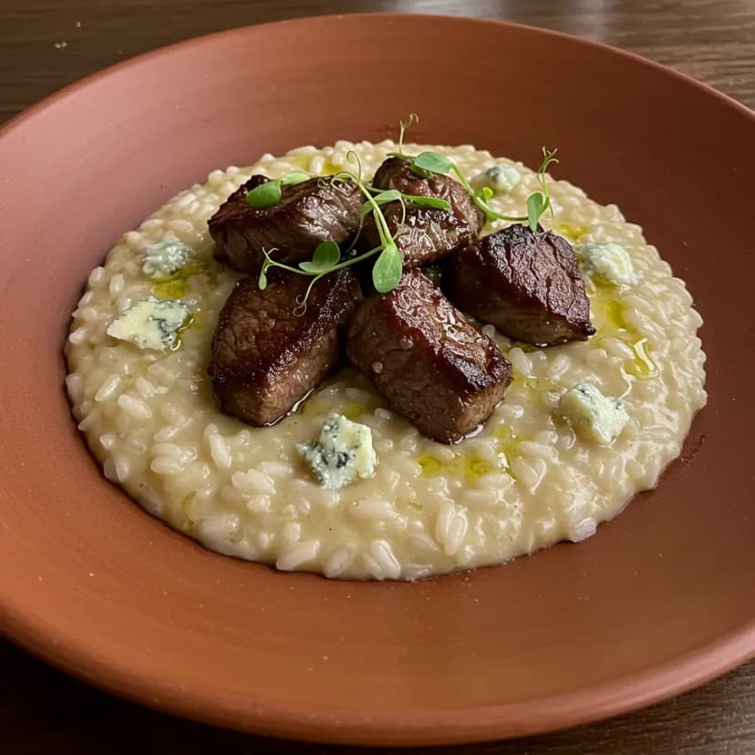 Risoto de Gorgonzola e Alecrim com Purê de Banana e Filé Mignon