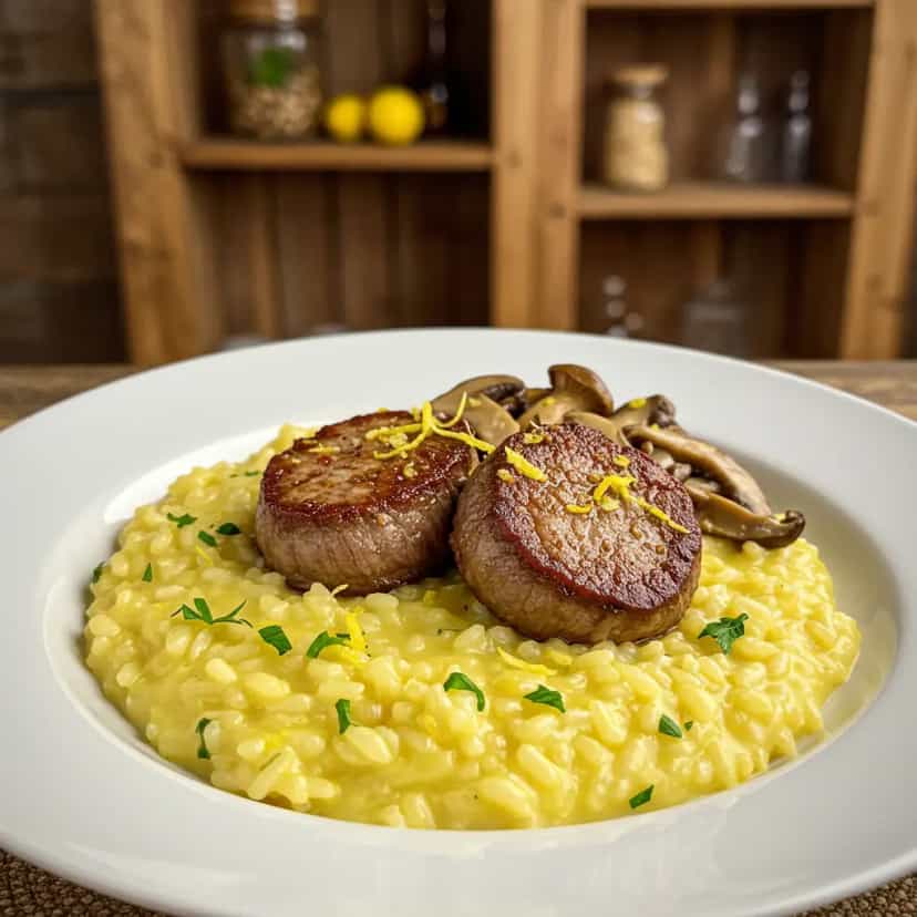 Foto deliciosa de Risoto de limão com medalhão de filé mignon e shimeji pronta para servir - Almoço & Jantar