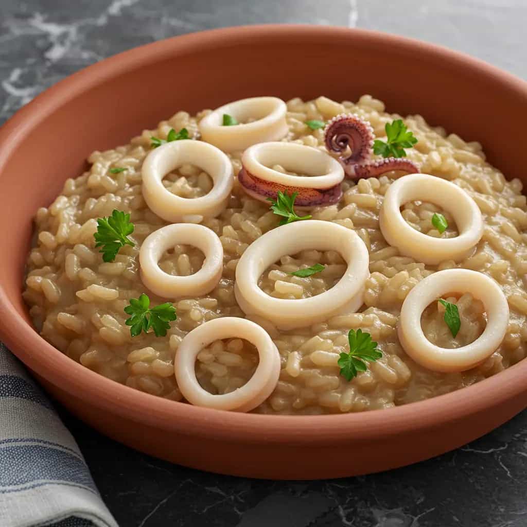 Risoto de Lula com Ervilhas e Queijo Parmesão