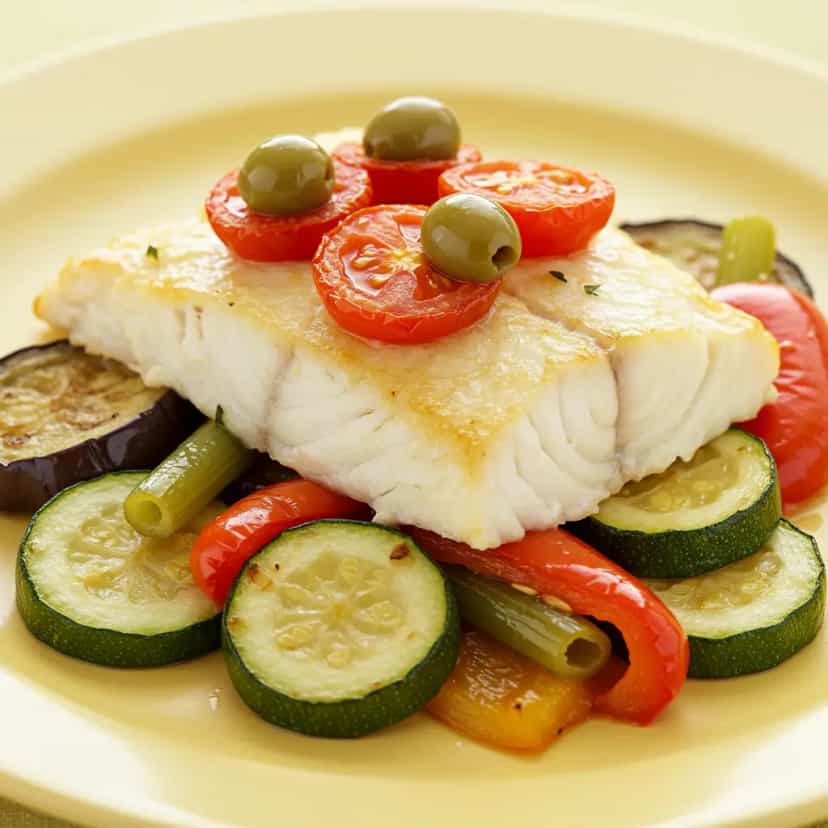 Foto deliciosa de Robalo assado com Legumes Provençais pronta para servir - Peixes & Frutos do Mar