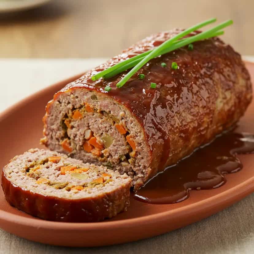 Foto deliciosa de Rocambole de Carne Moída com Calabresa pronta para servir - Carnes & Frango