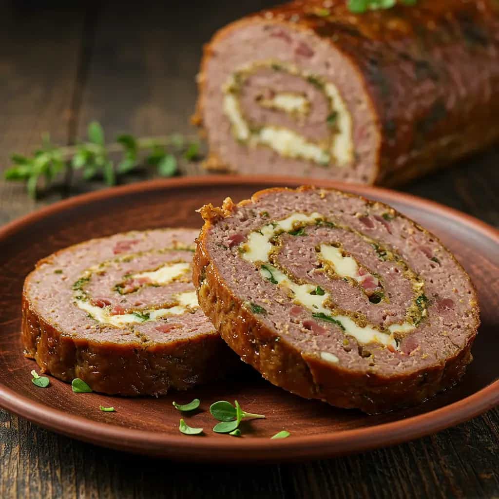 Rocambole de Carne Moída com Presunto e Mussarela