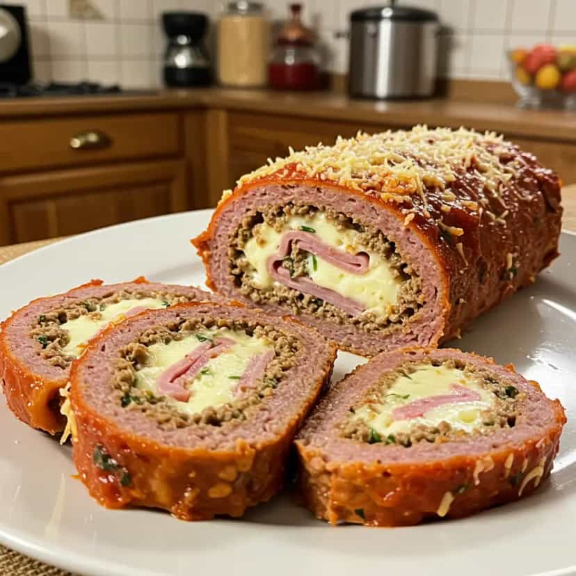 Foto deliciosa de Rocambole de carne moída com queijo e presunto pronta para servir - Almoço & Jantar