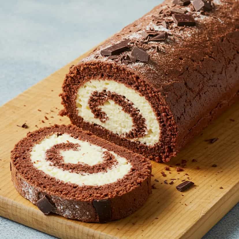 Foto deliciosa de Rocambole de Chocolate com Cerejas pronta para servir - Bolos & Cupcakes