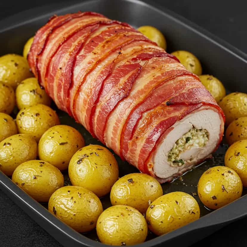 Foto deliciosa de Rocambole de Frango Recheado ao Bacon pronta para servir - Carnes & Frango