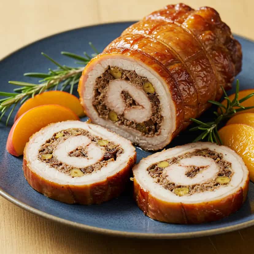 Foto deliciosa de Rocambole de Porco com Pururuca e Recheio Caipira pronta para servir - Carnes & Frango