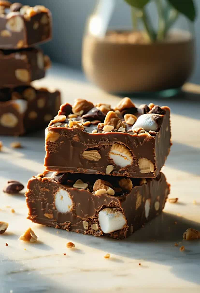 Foto deliciosa de Fudge Rocky Road pronta para servir - Sem Assar