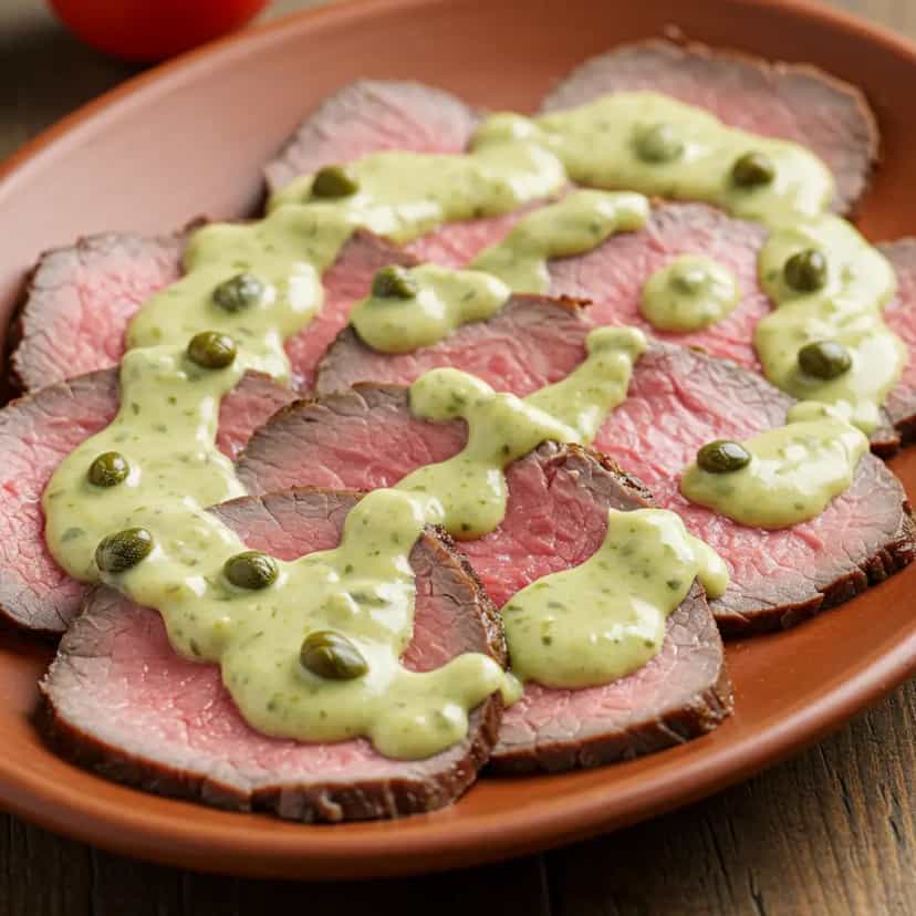 Foto deliciosa de Rosbife com Molho de Alcaparras e Queijo pronta para servir - Carnes & Frango
