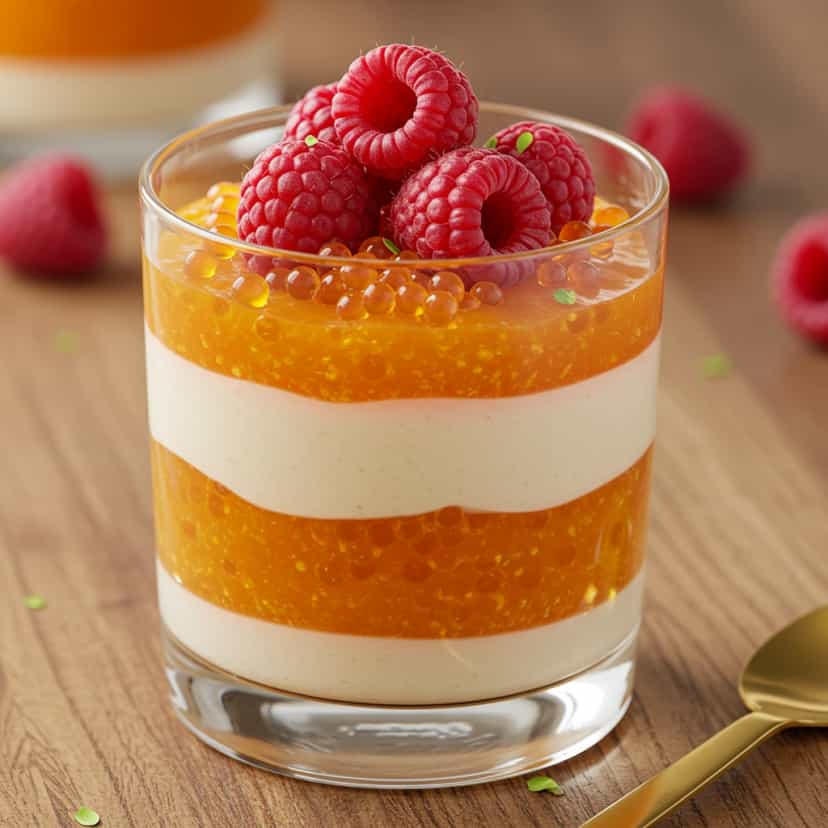 Foto deliciosa de Sagu Cremoso de Maracujá com Espuma de Iogurte e Frutas Vermelhas pronta para servir - Pudins & Cremes