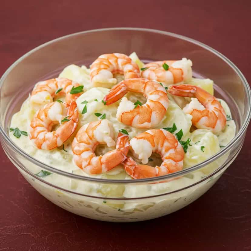 Foto deliciosa de Salada de Camarão com Batatas ao Creme pronta para servir - Saladas
