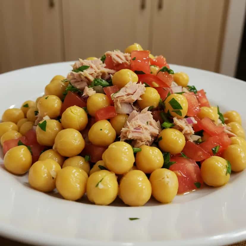 Foto deliciosa de Salada de Grão-de-Bico com Atum pronta para servir - Saladas