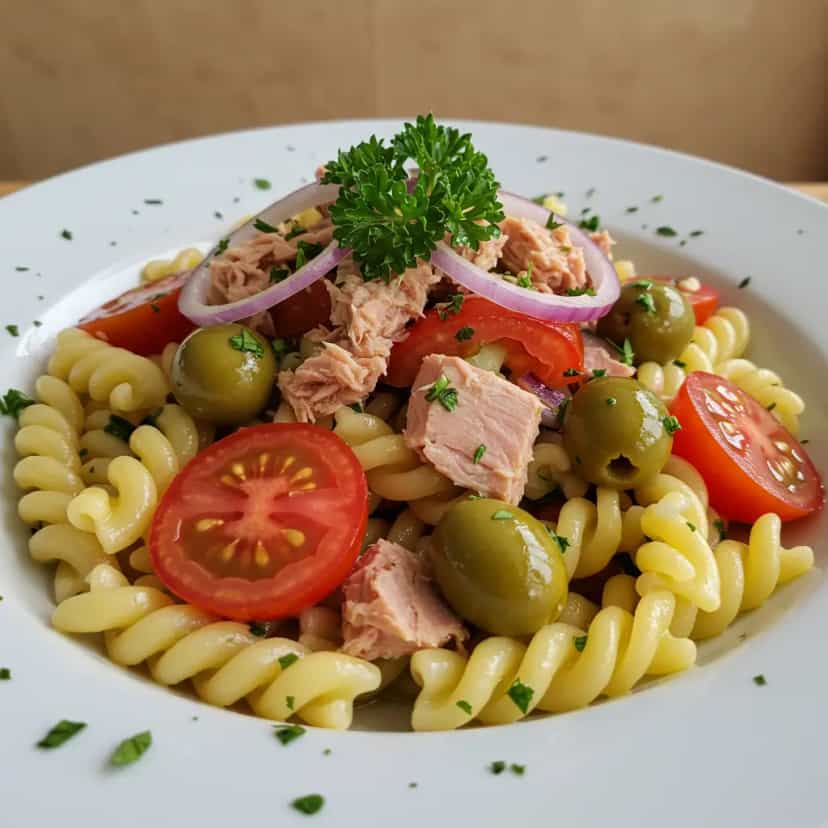 Foto deliciosa de Salada de Macarrão com Atum e Azeitonas pronta para servir - Saladas