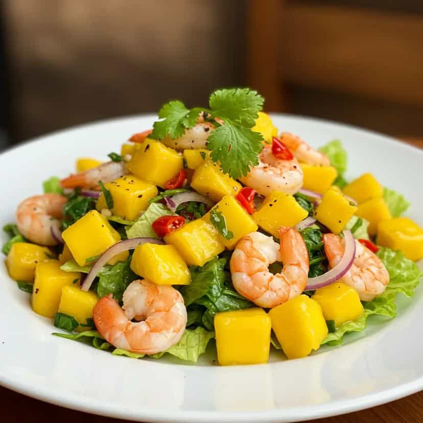 Foto deliciosa de Salada de Manga com Camarões pronta para servir - Saladas
