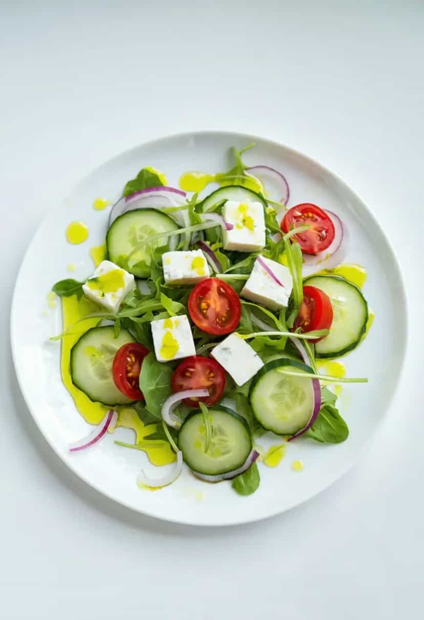 Foto deliciosa de Salada de Pepino com Tomate e Queijo pronta para servir - Saladas