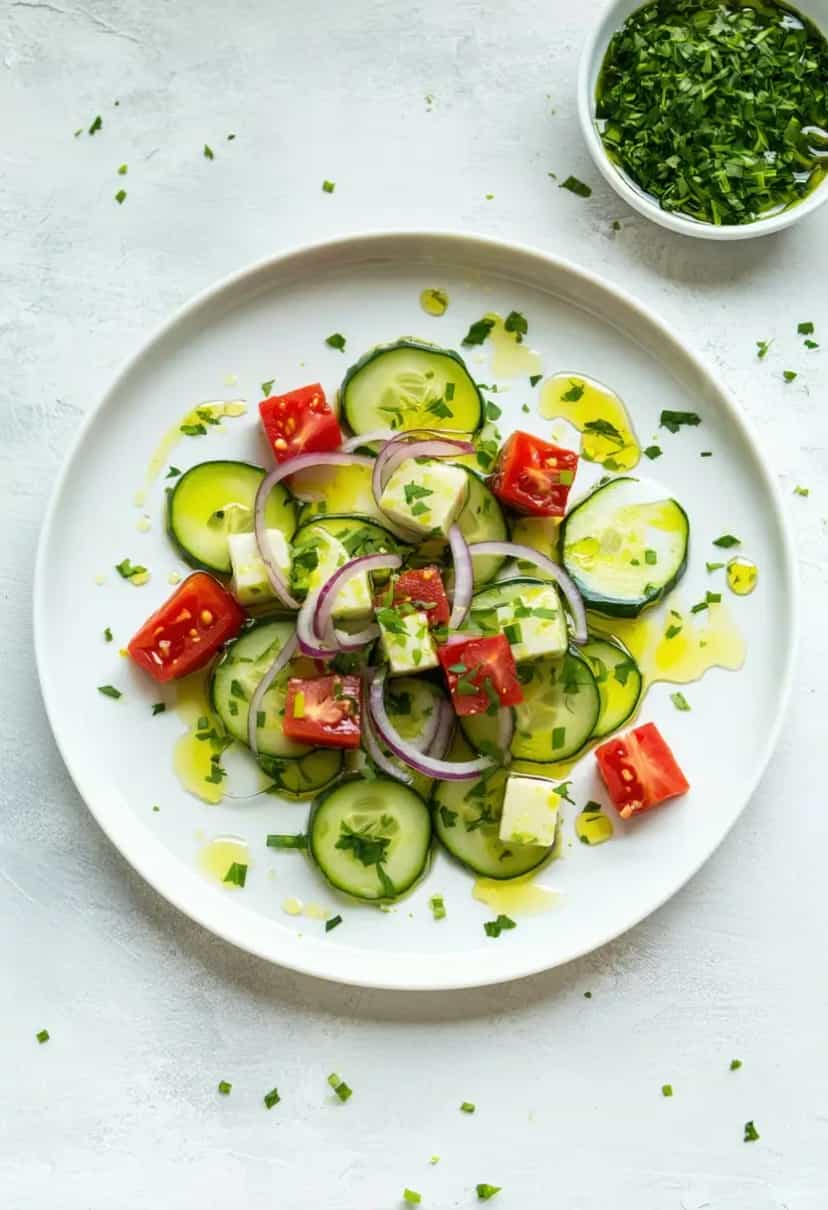 Foto deliciosa de Salada de Pepino e Tomate pronta para servir - Snacks Naturais