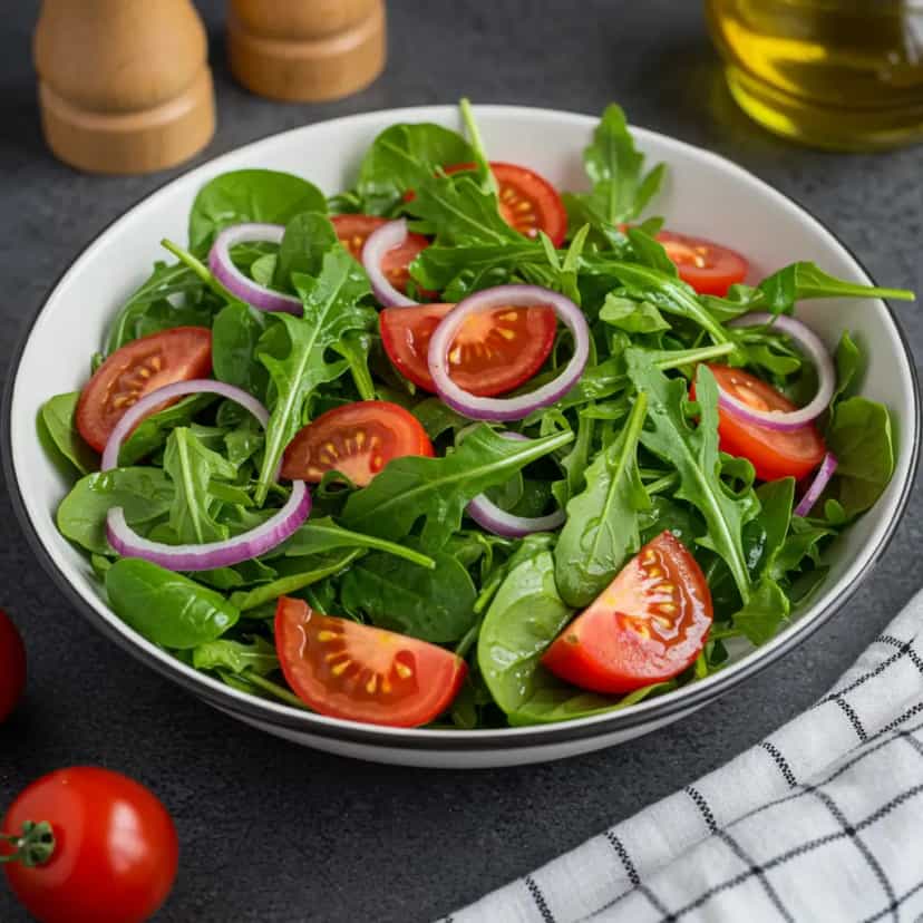 Foto deliciosa de Salada Refrescante de Rúcula, Alface e Tomate pronta para servir - Outras Receitas