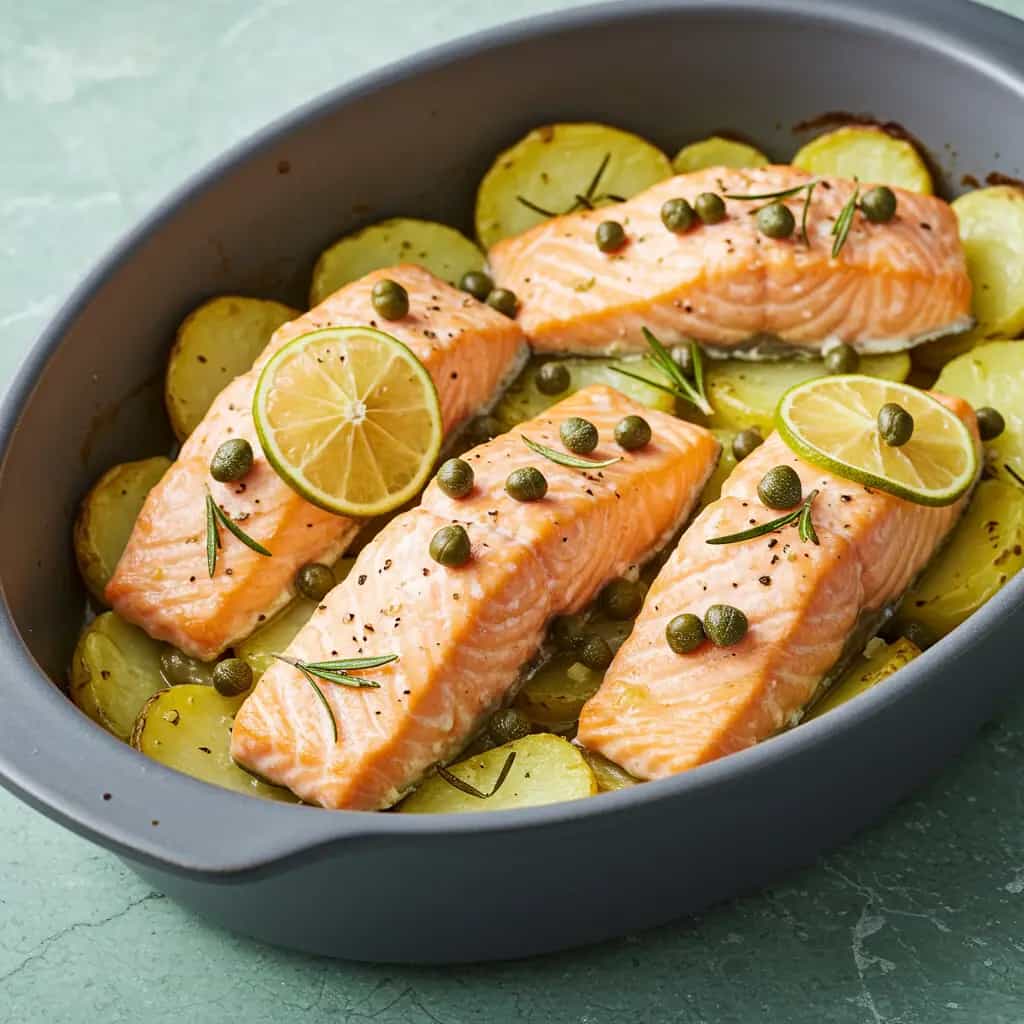 Salmão ao Curry com Batatas ao Alecrim e Alcaparras