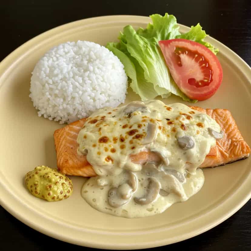 Foto deliciosa de Salmão ao Molho Branco com Champignon Gratinado pronta para servir - Peixes & Frutos do Mar