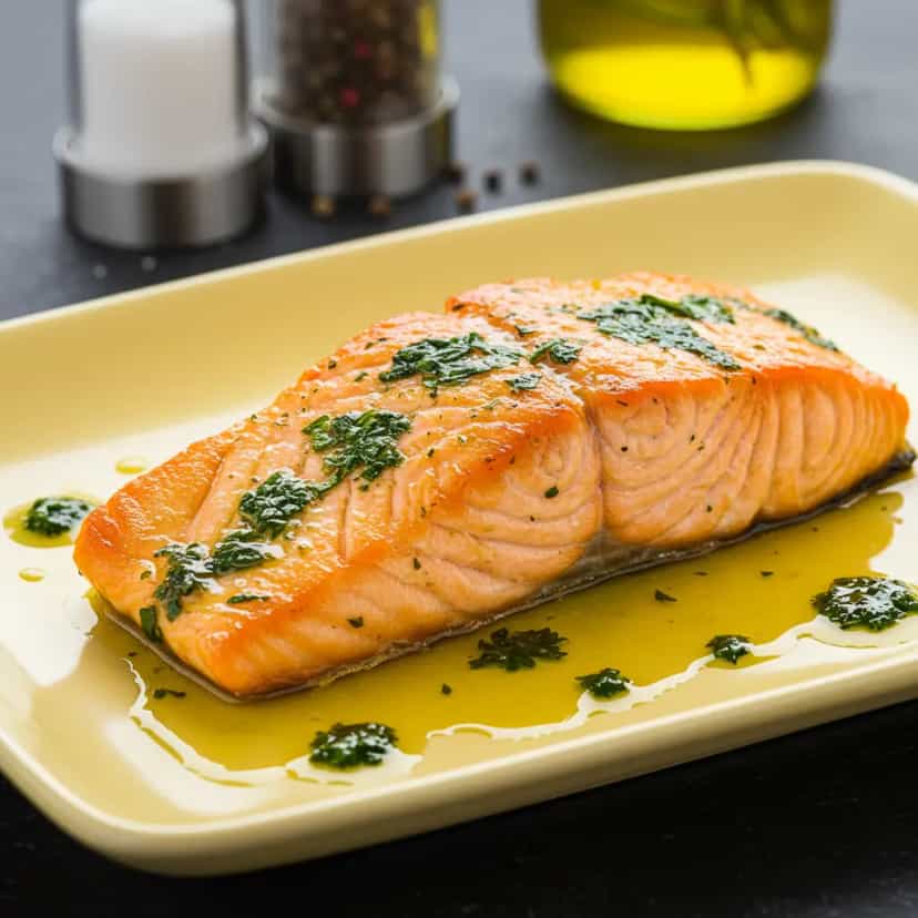 Foto deliciosa de Salmão ao Molho de Manteiga e Alcaparras pronta para servir - Peixes & Frutos do Mar