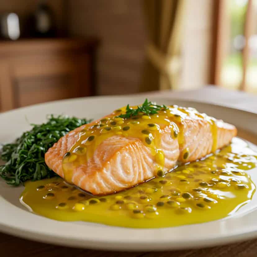 Foto deliciosa de Salmão ao Molho de Maracujá pronta para servir - Peixes & Frutos do Mar