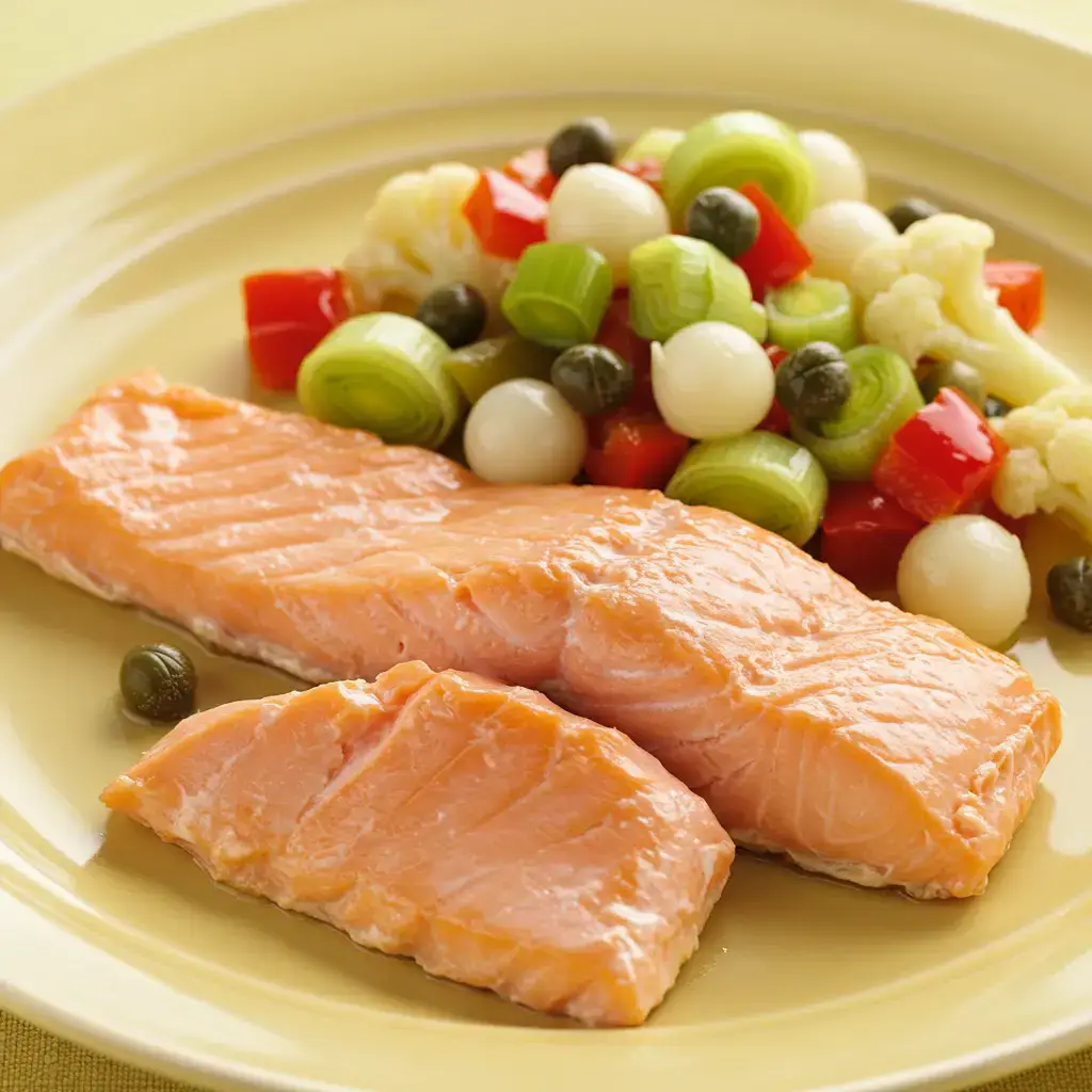 Salmão ao Vapor com Legumes Mediterrânicos
