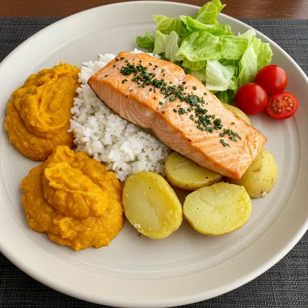 Salmão assado com batatas ao forno