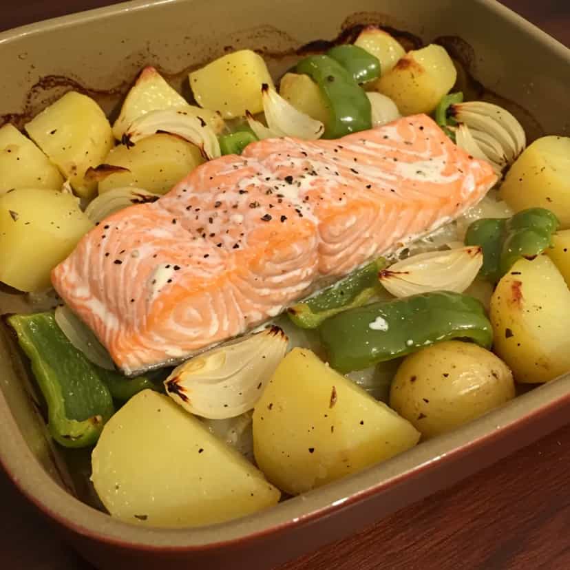 Foto deliciosa de Salmão assado com batatas, cebola e pimentão pronta para servir - Peixes & Frutos do Mar