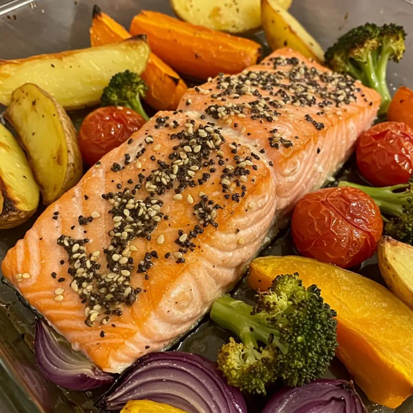 Salmão assado com legumes