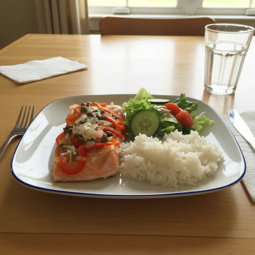 Salmão assado com Pimentão Vermelho, Cebola e Alcaparras