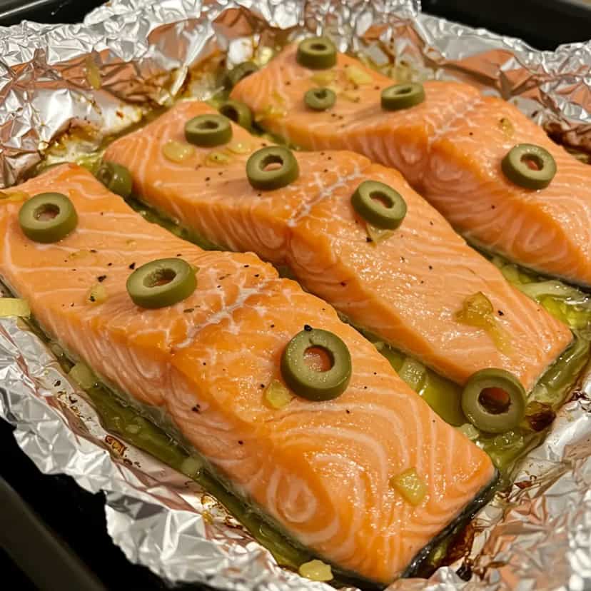Foto deliciosa de Salmão assado em papel alumínio com cebola e azeitonas pronta para servir - Peixes & Frutos do Mar