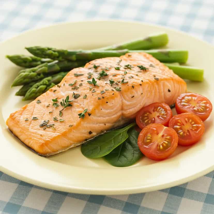 Foto deliciosa de Salmão com Aspargos, Rúcula e Tomates Cereja pronta para servir - Peixes & Frutos do Mar