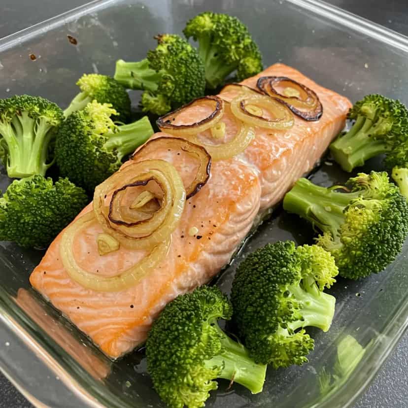 Foto deliciosa de Salmão com Brócolis ao Molho de Vinho e Mel pronta para servir - Peixes & Frutos do Mar