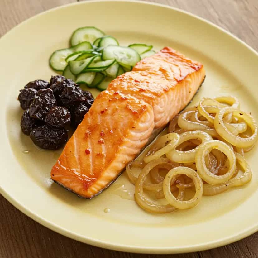 Foto deliciosa de Salmão com Cebola Caramelizada e Frutas pronta para servir - Peixes & Frutos do Mar
