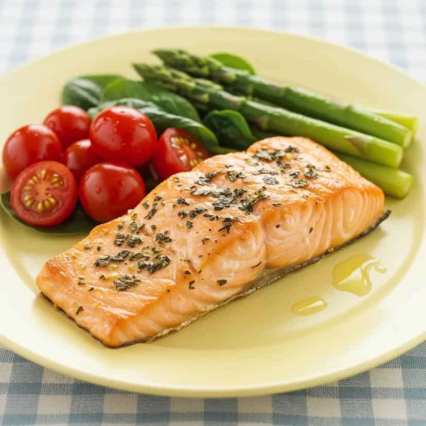 Foto deliciosa de Salmão Grelhado com Aspargos, Rúcula e Tomates Cereja pronta para servir - Peixes & Frutos do Mar