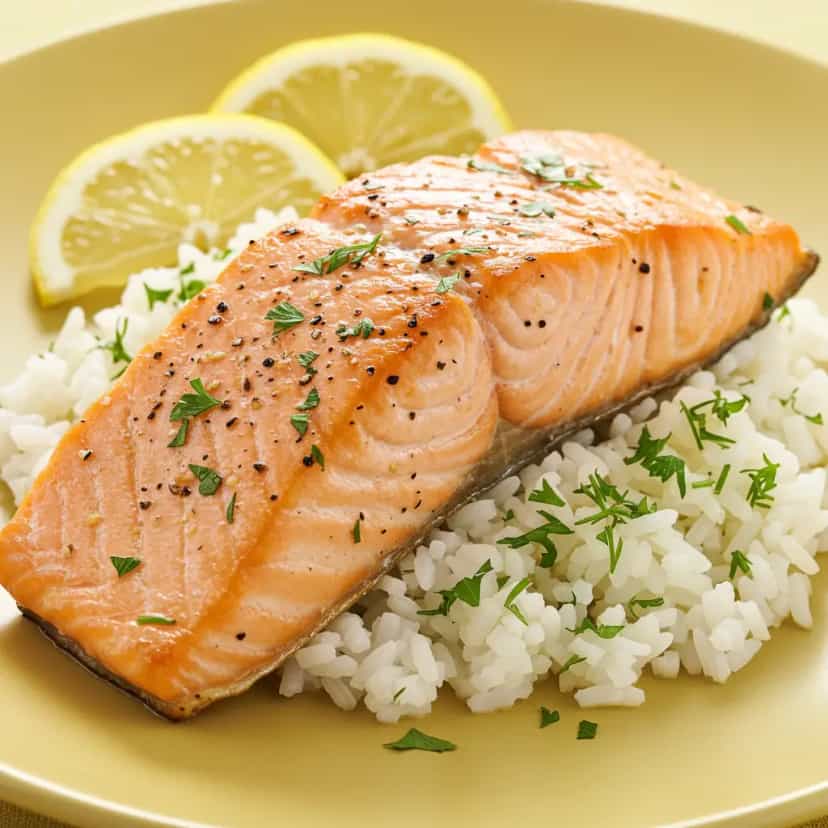 Foto deliciosa de Salmão Grelhado com Molho de Alecrim e Risoto Cremoso pronta para servir - Peixes & Frutos do Mar