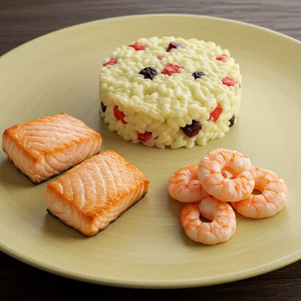 Salmão Grelhado com Molho de Camarão e Risoto de Frutas Vermelhas
