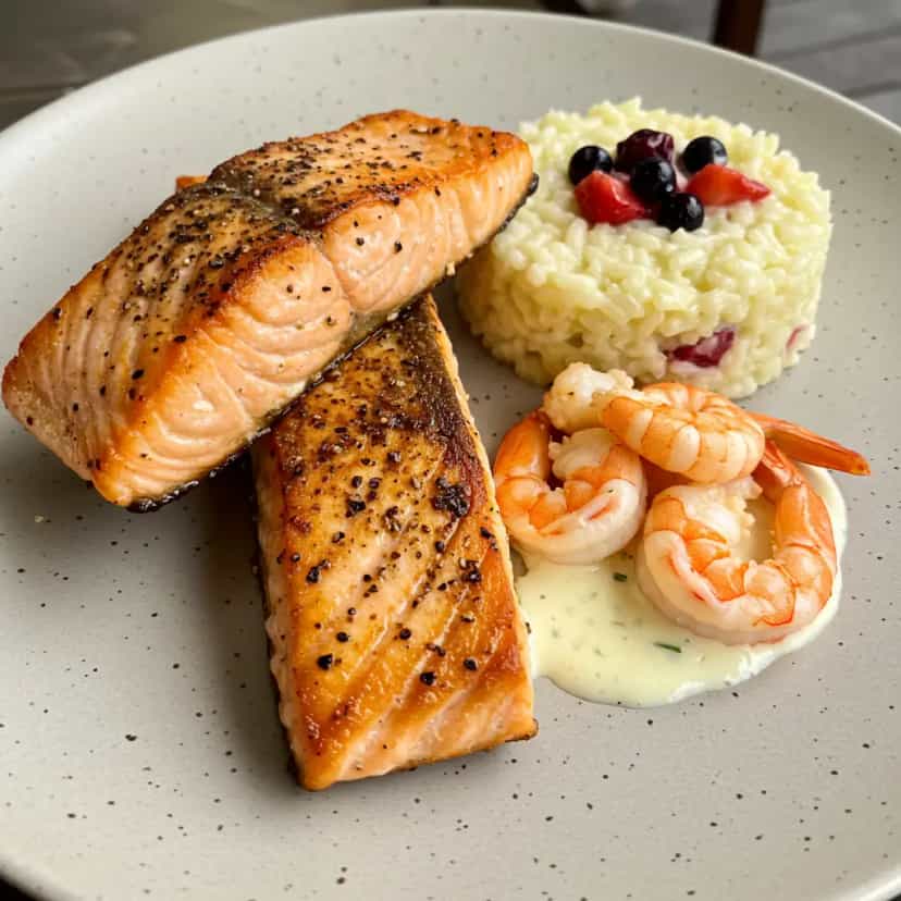 Foto deliciosa de Salmão grelhado com molho de camarão e risoto de frutas vermelhas pronta para servir - Peixes & Frutos do Mar