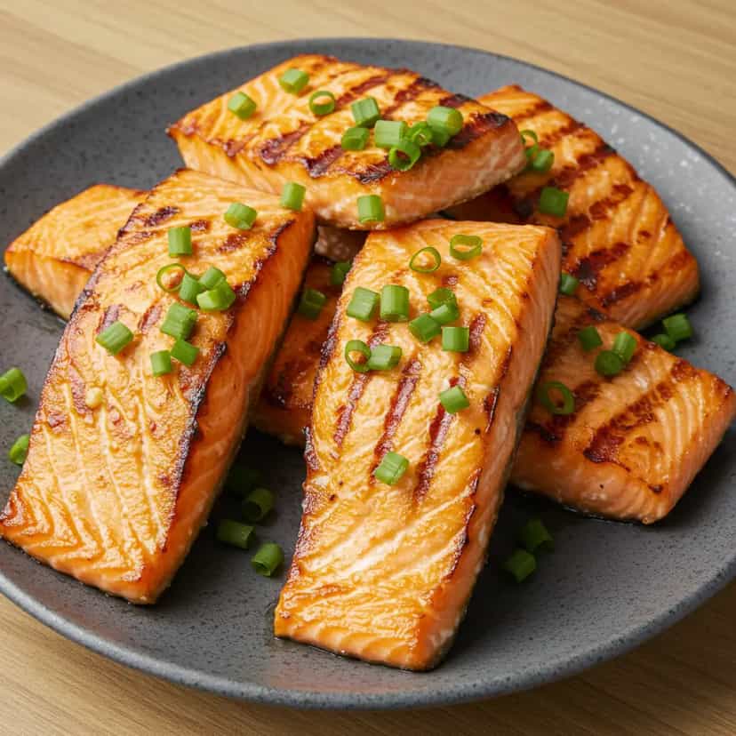 Foto deliciosa de Salmão Grelhado com Molho de Coentro e Limão pronta para servir - Peixes & Frutos do Mar