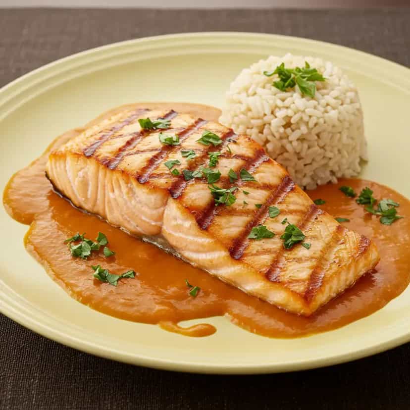 Foto deliciosa de Salmão Grelhado com Molho de Laranja e Gengibre pronta para servir - Peixes & Frutos do Mar