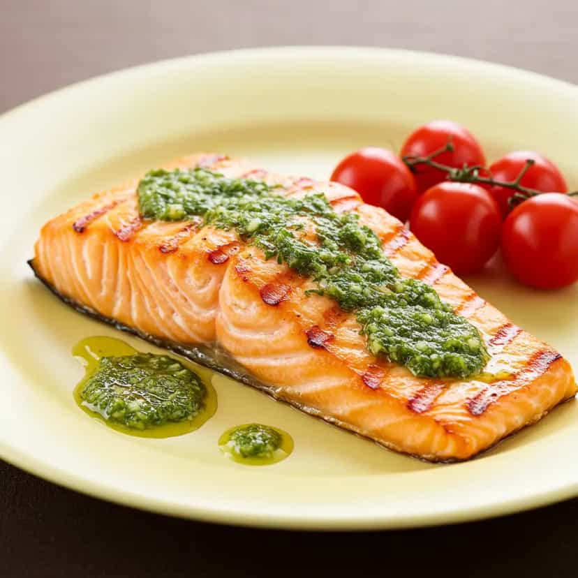 Foto deliciosa de Salmão Grelhado com Molho Verde de Ervas pronta para servir - Peixes & Frutos do Mar